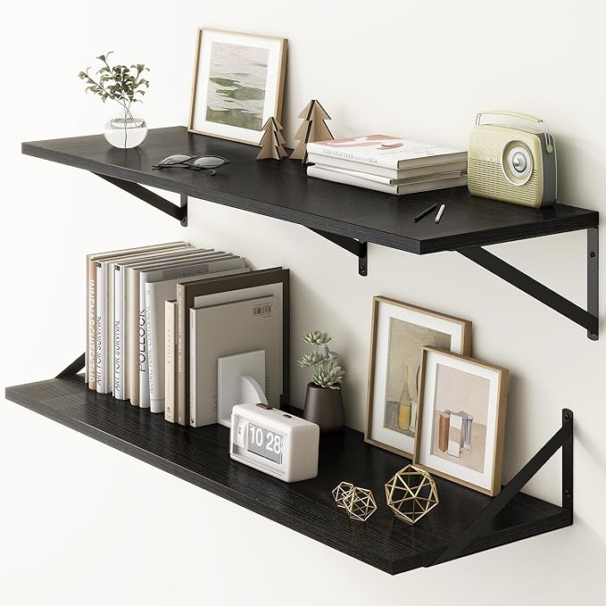 Fun Memories 40 Inch Floating Shelves, 12 Inch Deep Wall Shelf, 40 x 12 Floating Shelf Set of 2, Black Wood Floating Shelf Wall Mounted, Large Kitchen Living Room Bedroom Storage Shelves