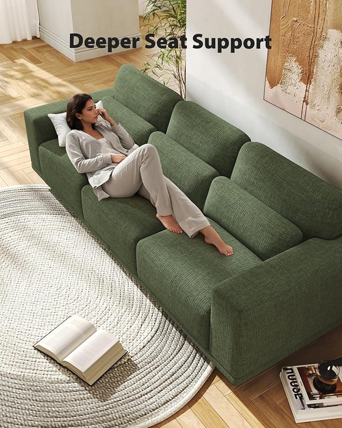 Pipishell 89" Sofa with Deep Seats and Wide Armrests, Comfy 3-Seater Futon, Couches for Living Room, Modern Upholstered Couch with Removable Cover, Linen Fabric, Green