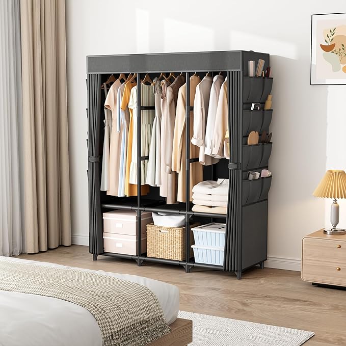 Wardrobe Closet, Portable Closets for Hanging Clothes 19mm Steel Tube Portable Wardrobe Closet for Bedroom, Clothes Rack with Cover, 3 Hanging Rod, 6 Storage Shelves and Side Pocket