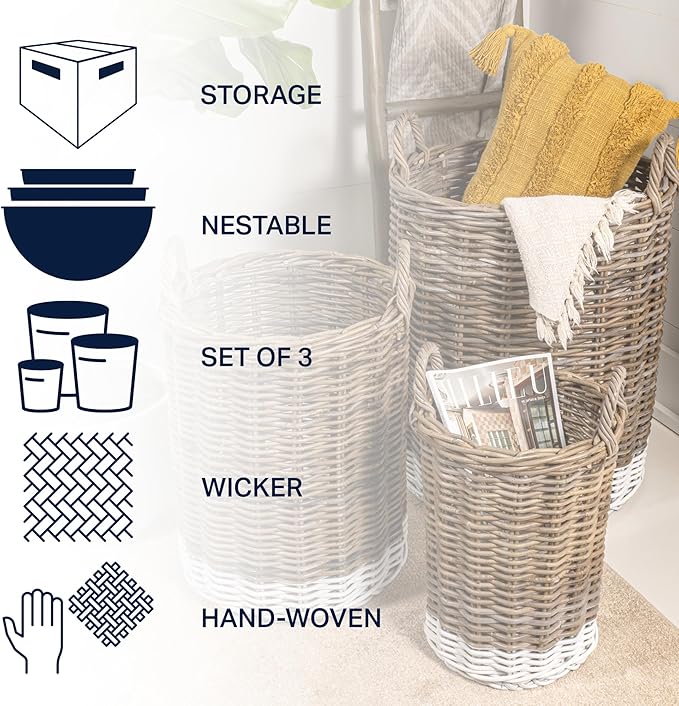 happimess BSK1000A-3SET Ternion Cottage Hand-Woven Rattan Nesting Wicker Storage Baskets w/ Handles, Seagrass Container for Decoration in Bedroom, Living Room, Laundry Room, Kubu Gray/White (Set of 3)