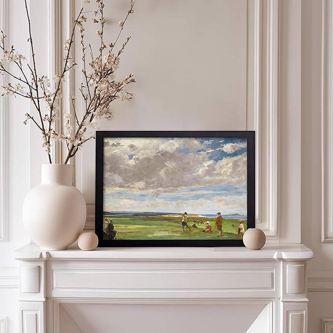 Poster Master Vintage Lady Astor Playing Golf at North Berwick Painting Poster - Retro Golf Course Print - Golf Art - Sports Art - Landscape Art - Office or Living Room Decor, 11x14 Black Framed