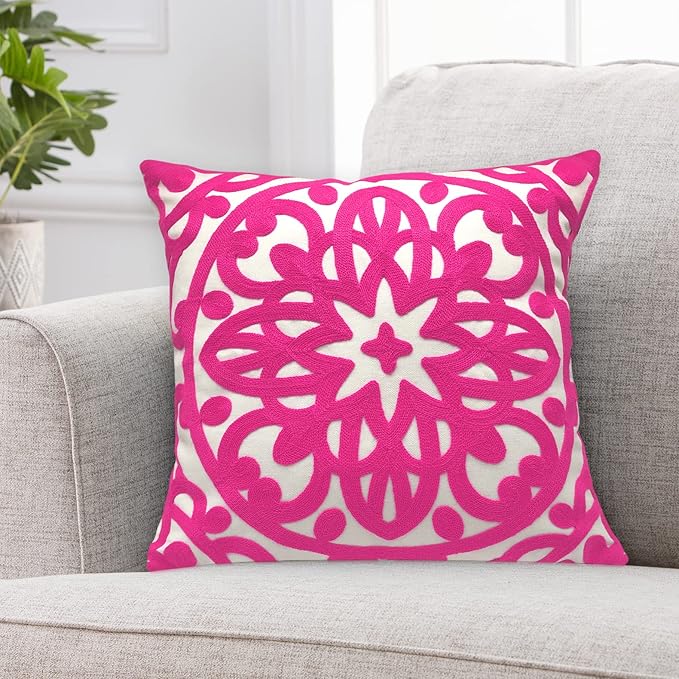 Alysheer Embroidered Decorative Throw Pillow Cover 18x18 inches, Classic Boho Mandala Knit Pattern, Farmhouse Cottage Cotton Canvas Cushion Case for Sofa Couch Bed Living Room Decor(Bright Hot Pink)