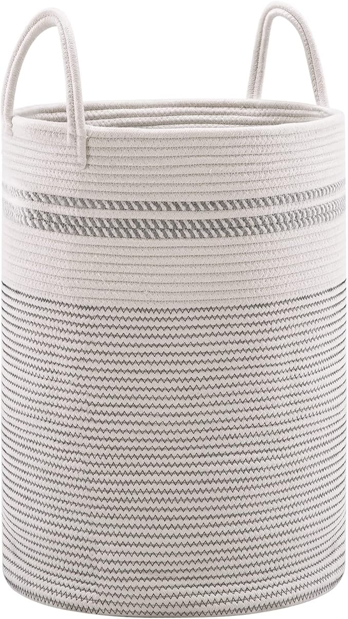 Woven Rope Laundry Hamper Basket, 58L Tall Luandry Basket, Baby Nursery Hamper for Blanket Storage, Clothes Hamper for Laundry in Bedroom-Large-Stripe White