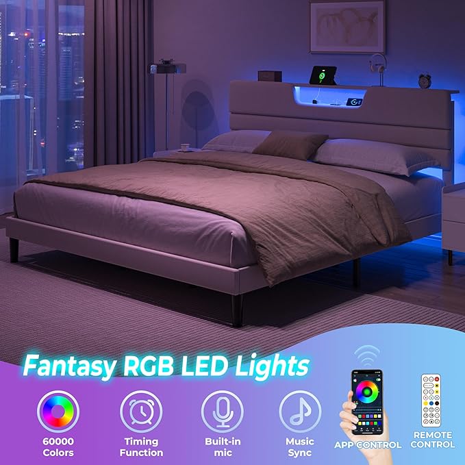 King Size Bed Frames with Upholstered Headboard, Modern Platform Bed with Charging Station and Led Lights, Bed Frame with Sturdy Wooden Slats/No Box Spring Needed/2-Tier Storage, Beige