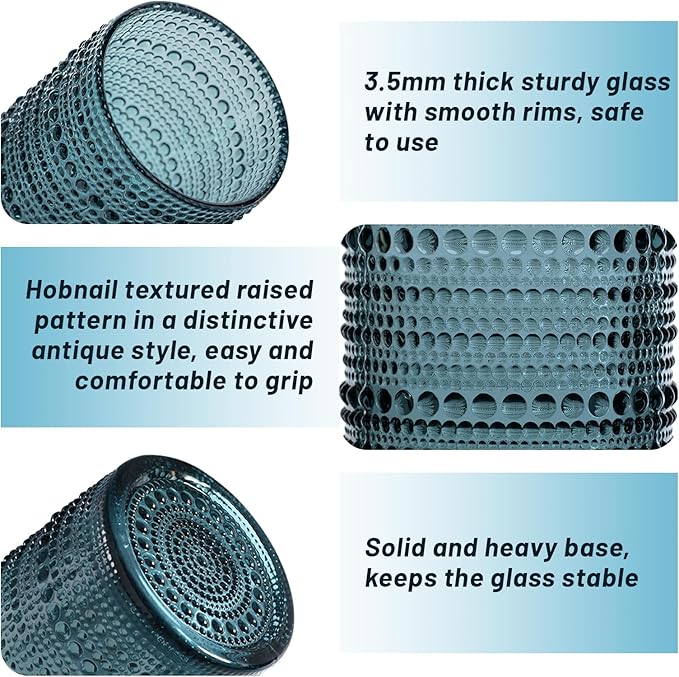 Hobnail Drinking Glasses Set of 6, Vintage Colored Glassware 11oz, Beverage Glass Cups for Water, Juice, Cocktail (Blue)