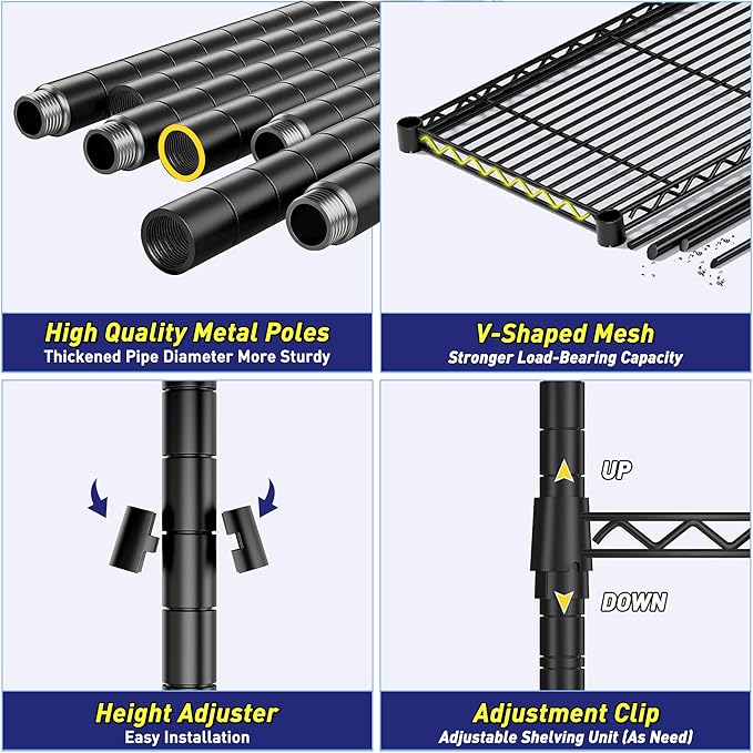 Storage Shelves Adjustable Metal Shelving Unit 5 Tier Wire Shelving,1010LBS Pantry Shelves Sturdy Steel Wire Shelf for Laundry Bathroom Kitchen Pantry, 13.6" D x 21.5" W x 59.4" H, 2PCS