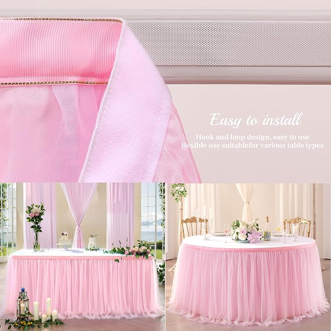 Suppromo 9ft Pink Tulle Table Skirt for Rectangle Tables or Round Tables Tutu Table Cloths for Princess Baby Shower Girl Birthday Party Cake Dessert Decorations(L9(ft)*H 30in, Pink)