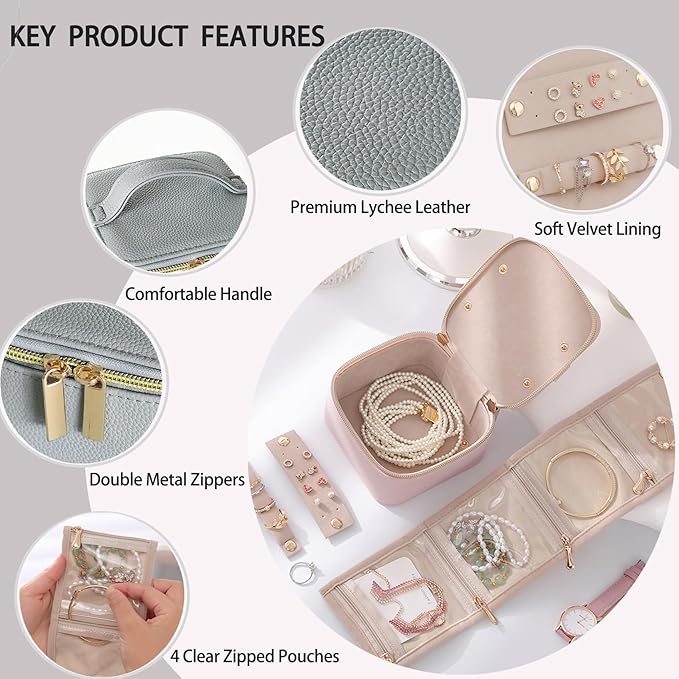 PU Leather Travel Jewelry Organizer Case with 4 Pouches & Handle, Anti-Tangle Storage Box for Necklace, Earrings, Rings, Compact Jewelry Box for Women Gift (Grey)