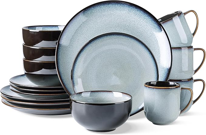 LERATIO Ceramic Dinnerware Sets for 4,16-Piece Reactive Glaze Plates and Bowls Set with Mugs,Highly Chip and Crack Resistant | Dishwasher,Microwave & Oven Safe Dishes set-Gray White