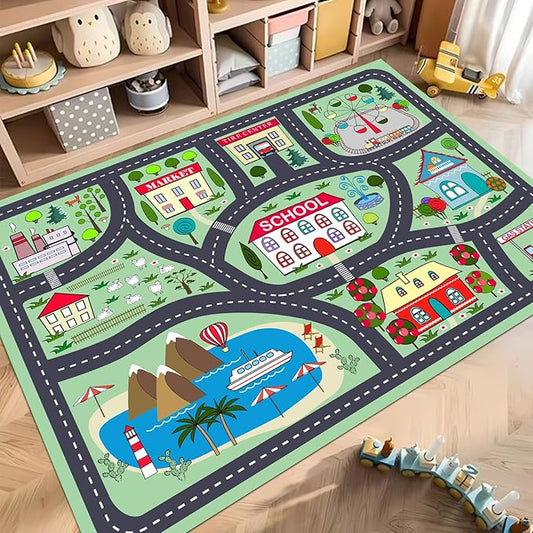 Kids Playmat Car Rug, Kids Play Rugs Town City Road Map Rug, Large Educational Car Mat, Boys Track Play Mat, Kid Rugs for Playroom Bedroom Living Room (Style 2, 59X 39.4 INCH)
