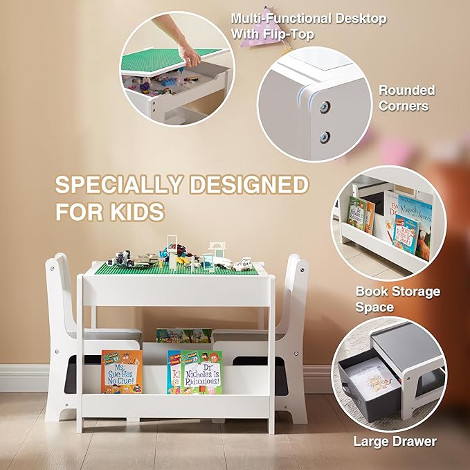 Kids Table and Chair Set, 4 in 1 Wooden Activity Table with Bookshelves and Storage Drawer, 2 in 1 Detachable Tabletop Construction Play Table Set for Drawing, Reading, Build Blocks