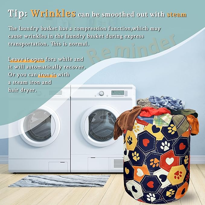 Colorful Dog Paws Hearts Laundry Basket Foldable With Handles Funny Tote Bag Oxford Cloth Animal Laundry Hamper 18.9"x16.5 "Clothe Storage Bucket Toy Organizer For Bathroom/Laundry/Bedroom