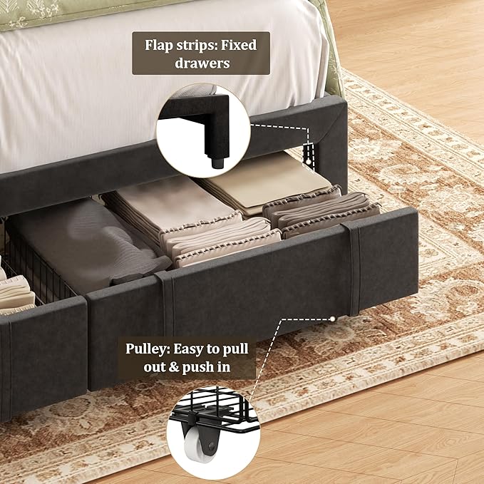 Queen Bed Frame with Storage Drawers, Upholstered Queen Size Platform Bed with 47" Tall Headboard and Wingboard, No Box Spring Needed, Noise Free, Easy Assembly, Wooden Support Slats, Black