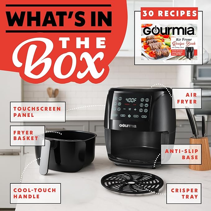 Gourmia Air Fryer Oven Digital Display 4 Quart Large AirFryer Cooker 12 1-Touch Cooking Presets, Black and Stainless Steel Accents Fry Force GAF486