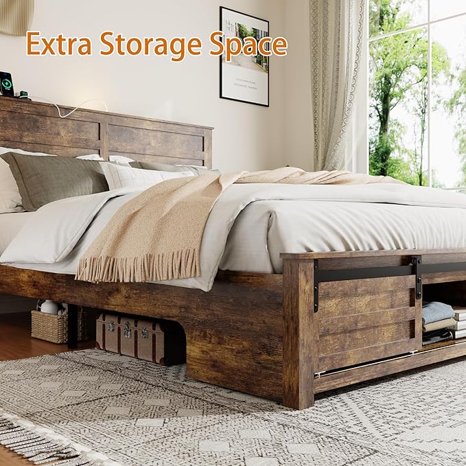 Wooden Queen Size Bed Frame with Headboard, Boho White Farmhouse Storage Bedframe with Sliding Barn Door Footboard and Charging Station, Wood Slats, No Box Spring Needed (Brown, Queen)