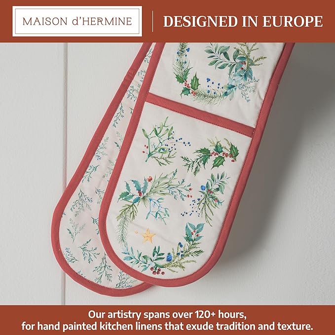Maison d' Hermine Double Oven Mitt (7" x 35") 100% Cotton Heat Resistant BBQ Cooking Gloves with Loop for Thanksgiving Christmas Decorations Baking Cooking Barbeque Handling Hot Pan (Holly Time)