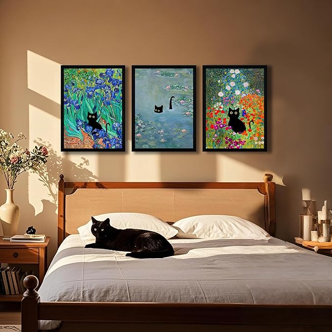 Krtoni 3Pcs Framed Black Cat Wall Art, Vintage Funny Black Cat in Water Lilies Poster Prints Paintings, Garden Flowers Cat Aesthetic Wall Decor, for Bathroom Living Room Bedroom 12" W x 16" H