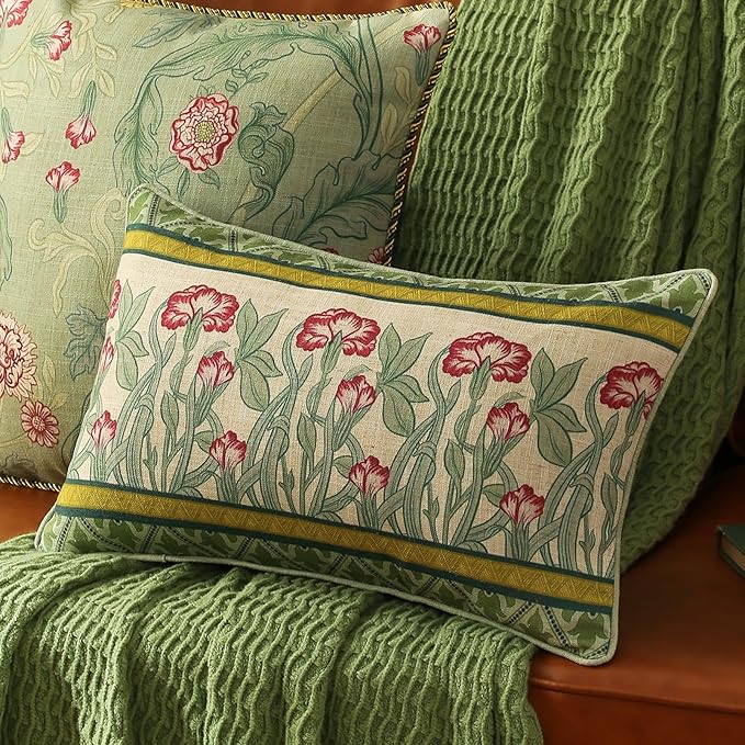 patdrea Designer Pack of 2 Rectangle Throw Pillow Covers,French Vintage Rustic Linen with Green Floral Pattern Pillows Cover,Decorative Lumbar Pillowcases Cushion for Bed Living Room,12"x20"