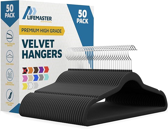 Velvet Non-Slip Plastic Hanger Set - 50 Pieces Non-Slip Clothes Hanger Set with 360° Swivel Hook, Space-Saving, Sleek Design, Smooth Velvet Finish, Lightweight Construction - Black