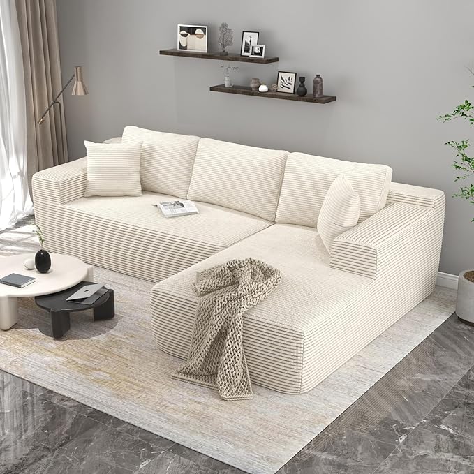 OC Orange-Casual 106.3" Cloud Sectional Couch with L-Shape Chaise,No Assembly Required Modular Sofa,Upholstered Boneless Couches for Living Room, Plush Corduroy Fabric (White, Right Facing Chaise)