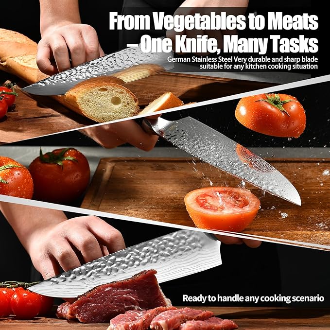 8" German Forged Chef Knife 7CR13 Steel - Triple-Rivet Black Pakkawood Handle with Extra Forging Process, Gifts for Women/Men, Birthday and Mom/Dad, Kitchen Gadgets with Premium Gift Box