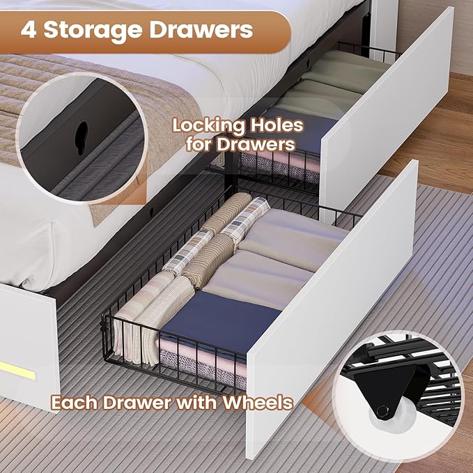 AOGLLATI Twin Bed Frame with 4 Storage Drawers & Charging Station & LED Lights, Twin Bed Frames with Stylish Bookcase Headboard, Led Bed Frame with Metal Slats, No Box Spring Needed,White