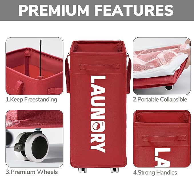 Goodpick Laundry Basket with Wheels,75L Large Roolling Laundry Basket with Removable Wash Bag, Clothes Hamper with Wheels for Laundry Room, Red