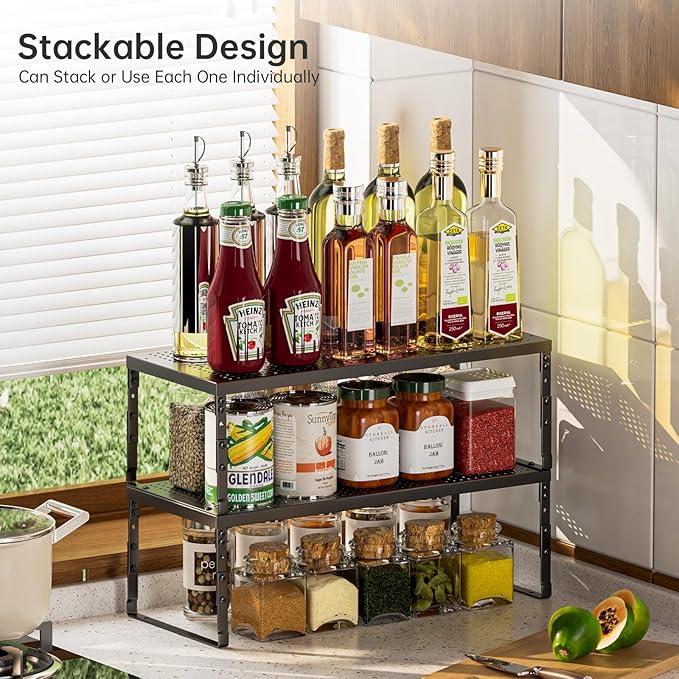 Cabinet Shelf,Expandable Adjustable Stackable Kitchen Organizer,for cabinets, Kitchens, countertops, bathrooms Shelf Organizer(3Packs/Black,Large)