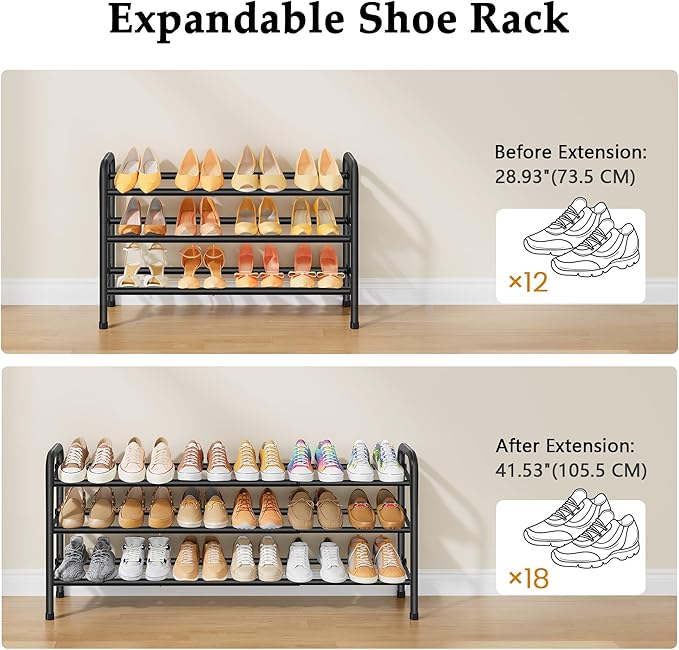3 Tier Shoe Organizer, Shoe Rack for Closet, 28“ Metal Shelf Can Expandable to 42“, for Bedroom, Entryway, Closet, Garage, Adjustable to 18 Pairs Shoes, Black
