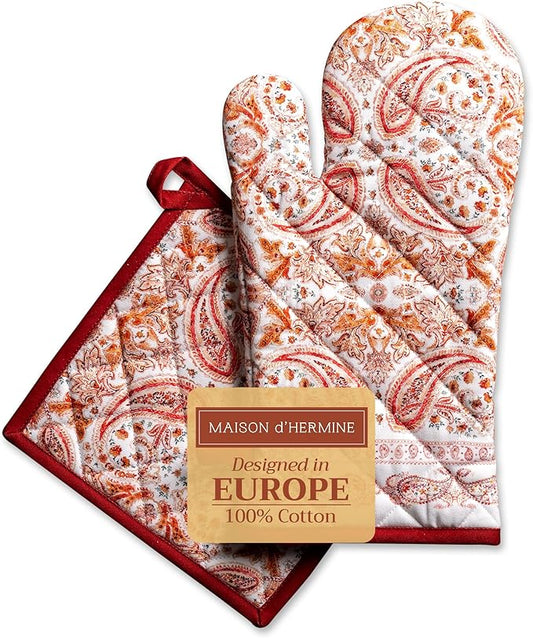 Maison d' Hermine 100% Cotton Oven Mitt & Pot Holder Set (7.5"x13" & 8"x8") Heat Resistant BBQ Cooking Gloves with Loop for Thanksgiving Christmas Decorations Handling Hot Pans (Orient)