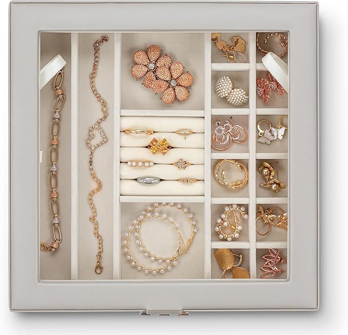 Co 28 Section Jewelry Box - 2 Layer - Buckle Snap & Magnet Closure - Large Glass Top - Leather Design - Grey - Jewelry Organizer for Women & Girls - for Earring Ring Necklace & Bracelet