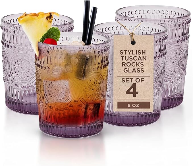 IMPULSE! Tuscan Rocks Glass Set - Purple, Dishwasher Safe, Chic Vintage Style - 8 oz - Ideal for Gin, Mixed Cocktails, Bourbon, Margaritas, Soft Drinks, Beer, Water - Mexican Style Glasses - Set of 4