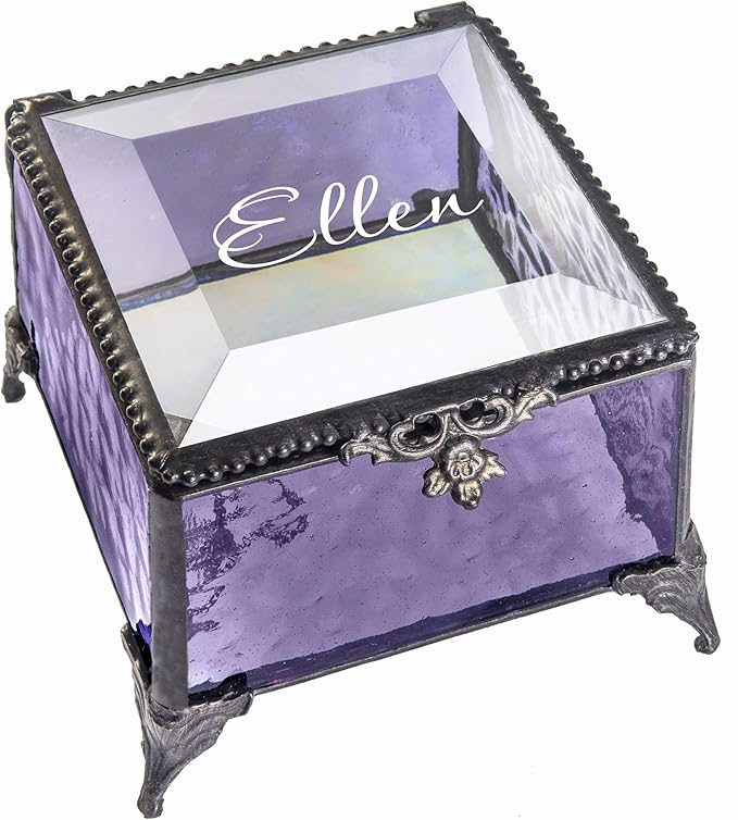 Personalized Purple Glass Box Decorative Vanity Display Case Storage Jewelry Organizer Keepsake Gift for Her Girl Women Purple Vintage Decor J Devlin Ellen Box 836 EB245