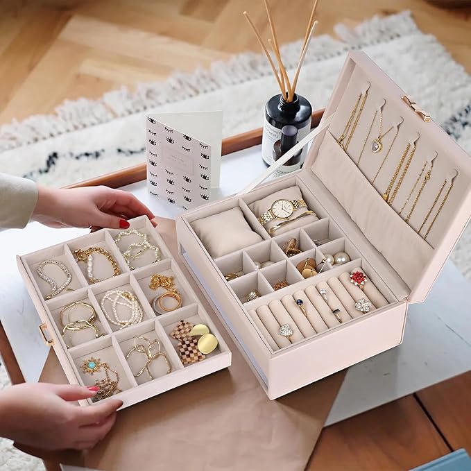 HofferRuffer Jewelry Box with Drawer for Women‌ Girls, Faux Leather Storage Jewelry Organizer Jewelry Case with Two Layers Display for Earrings Rings Necklaces (White)