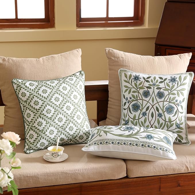 Design Fresh Linen Square Throw Pillow Covers 18"x18" Pack of 2, French White Cottage Cushion Covers with Green Branches Pattern Decoration Pillowcases for Bed,Living Room,Outdoor,Car