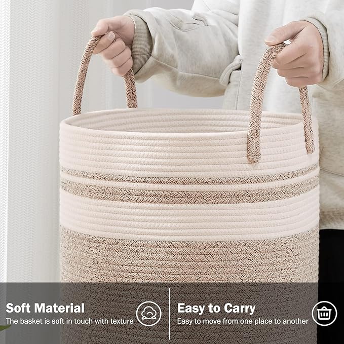 Woven Rope Laundry Hamper Basket, 72L Tall Luandry Basket, Baby Nursery Hamper for Blanket Storage, Clothes Hamper for Laundry in Bedroom-Large-Brown