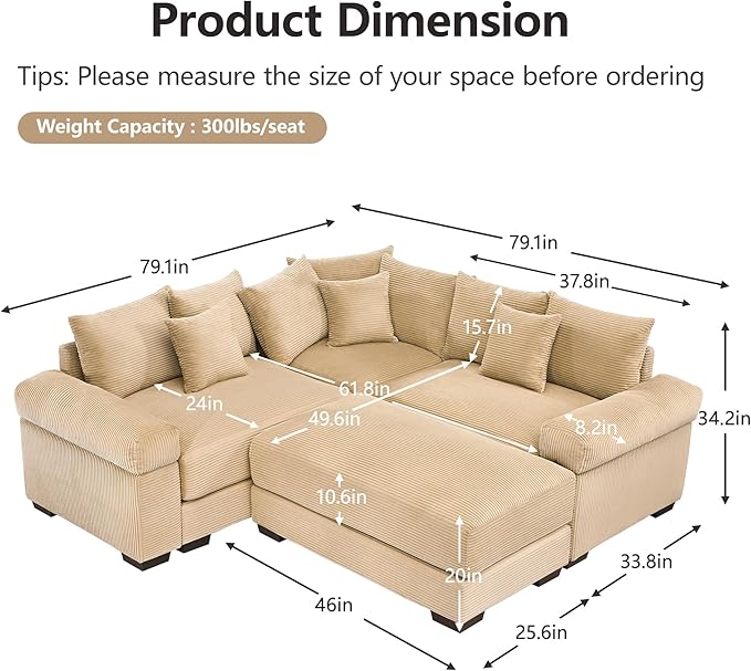KEIKI 79" L-Shaped Oversized Corduroy Modular Cloud Sectional Sofa with 1 Ottoman, High-Density Foam Cushion, Extra-Thick Armrest, 3-Seater Fluffy Corner Couch with 10 Pillow, for Living Room, Camel