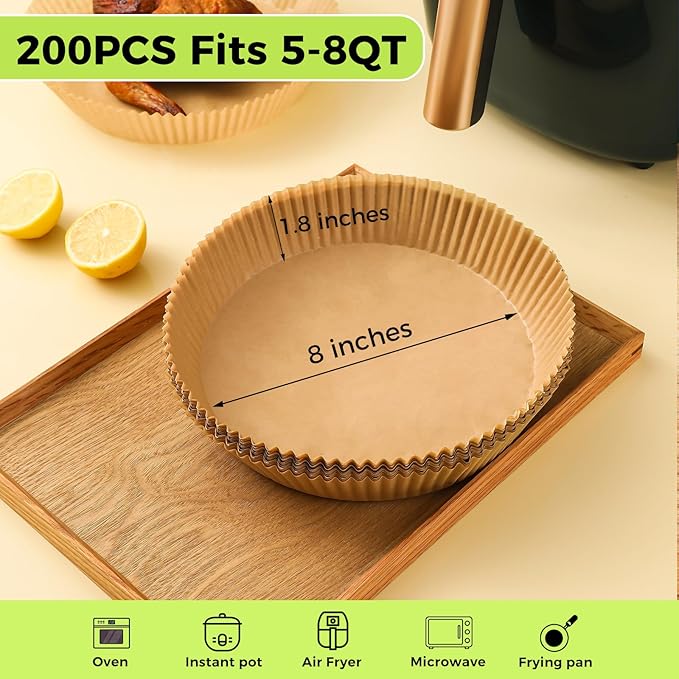 Ctizne Air Fryer Paper Liners Disposable, 200PCS 8inch Airfryer Oven Insert Parchment Paper Sheets Round, Non Stick Food Grade Baking Liner for 5Qt/6Qt/7Qt/8Qt Air Fryer Basket
