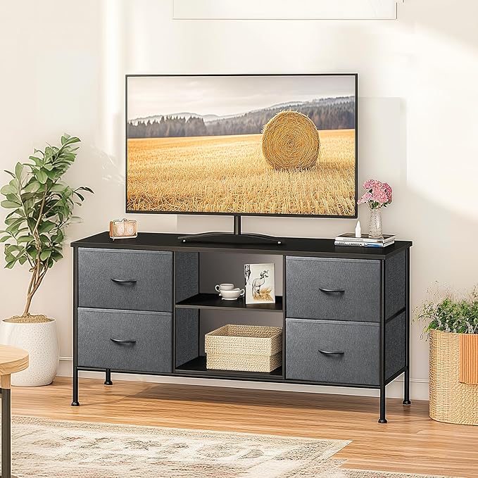 TV Stand for Bedroom, Television Stand for TV up to 46 Inch Entertainment Center Dresser with 4 Drawers Open Storage Shelves for Living Room, Entryway (Grey and Charcoal Black)