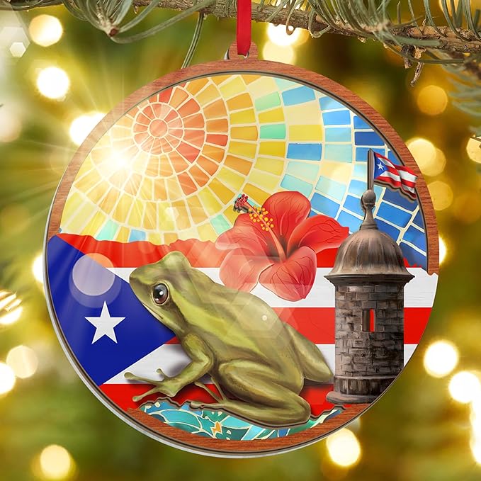 FLAGWIX Christmas Puerto Rico Gifts for Women Men - Coqui Frog Suncatcher Ornaments for Tree Decorations - Puerto Rico Christmas Ornament 2025, House Warming Gifts for Mom Dad, Friend Gift Ideas