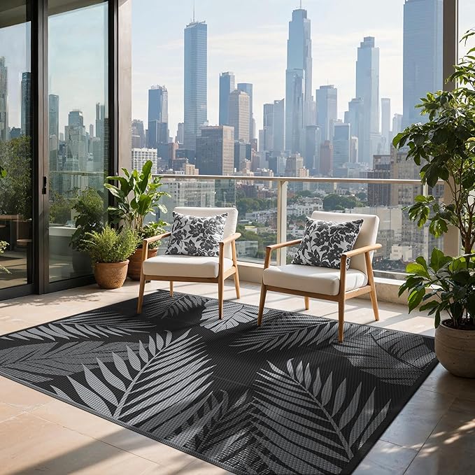 Outdoor Rug 5’x8’ Waterproof for Patio Clearance, Reversible Indoor Outdoor Plastic Straw Camping Rug Carpet, RV Mat, Large Area Rug for Deck, Backyard, Balcony, Porch, Beach, Black & Grey