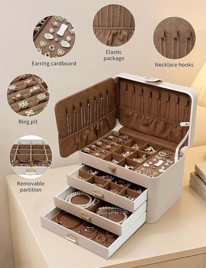 KAMIER Jewelry Organizer Box, 4 Layer Jewelry Organizer with Mirror, 3 Drawers, Large Jewelry Box for Bracelets, Earrings, Rings, Necklaces, Mothers Day Gifts for Loved One, Beige