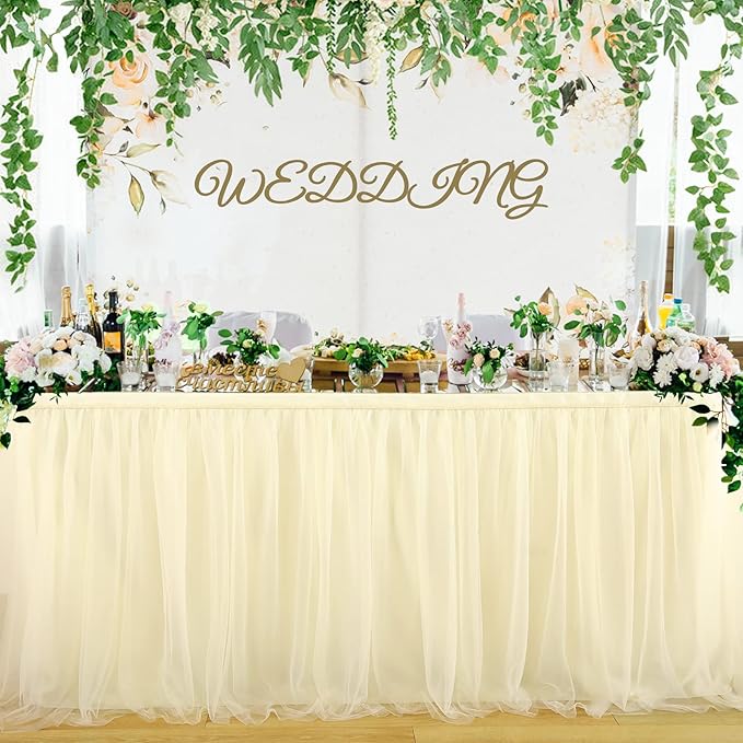 Suppromo Ivory Tulle Table Skirts for Wedding 14ft Tutu Table Skirt Ivory Table Cloth for Bridal Shower Birthday Party Baby Shower Gender Reveal Banquet Decorations