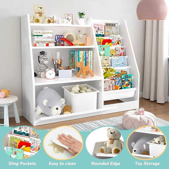 TOETOL Kids Bookshelf & Book Storage,3 Tier Wooden Toddler Bookshelf for Children,Nursery Book Shelves with 6 Sling,Organizer & Book Shelf for Kids Rooms,Bedroom,Playroom White