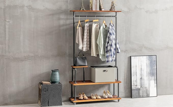 Industrial Clothing Rack, Pipe Style Rolling Garment Rack, Heavy Duty Steampunk Clothes Rack, Hall Tree on Wheels with Shelf and Shoes Storage for Home, Retail Store, Rustic Wood