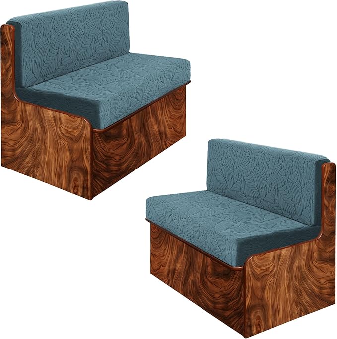 RV Dinette Cushion Covers - Jacquard Stretchable Camper Cushion Slipcovers, 2 Backrest & 2 Bench Covers (Leaves, Blue)