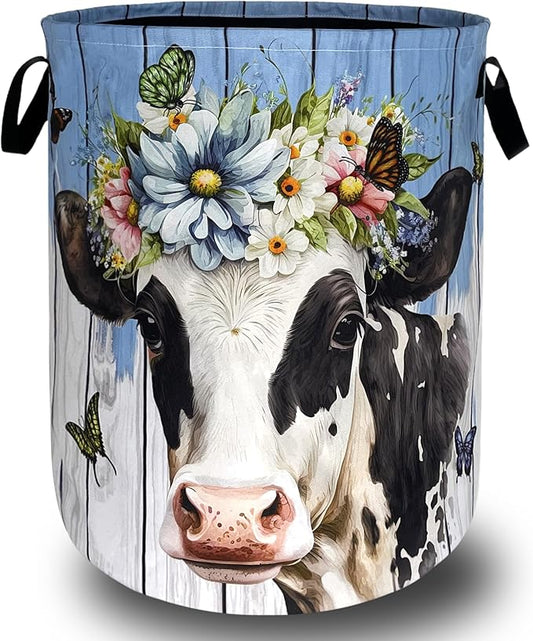 Cute Cow Laundry Basket Foldable Oxford Cloth Animal Cows Laundry Hamper With Handle Portable Clothes Storage Basket 18.9 X 16.5 Inch Storage Bag For Laundry Room/Bathroom/Bedroom