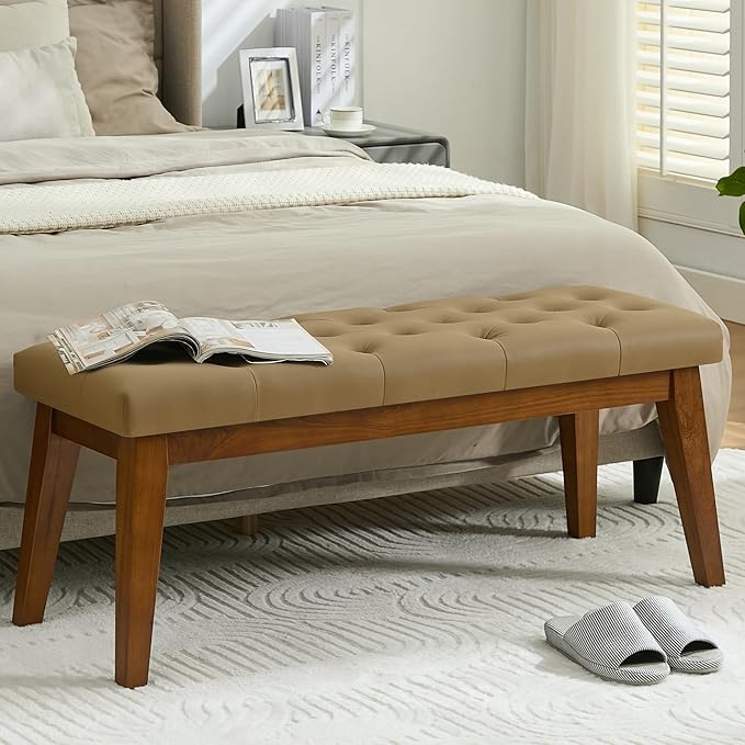 43.5'' Faux Leather Bedroom Bench, Upholstered End of Bed Bench with Tufted Button, Padded Vintage Dining Bench, Entryway Bench with Solid Wood Legs, Kitchen, Living Room, Hallway, Light Brown Tufted