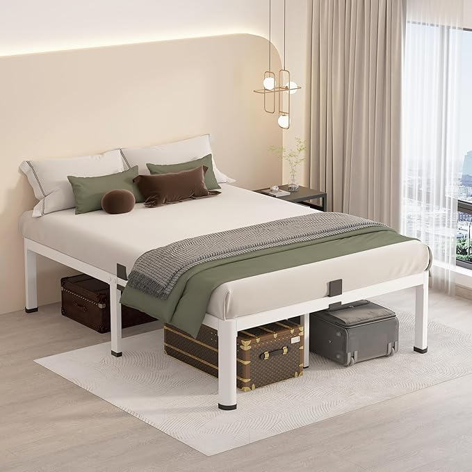 MAF 14 Inch Full Size Metal Platform Bed Frame White with Round Corner Legs, 3000 LBS Heavy Duty Steel Slats Support, Noise Free, No Box Spring Needed, Easy Assembly