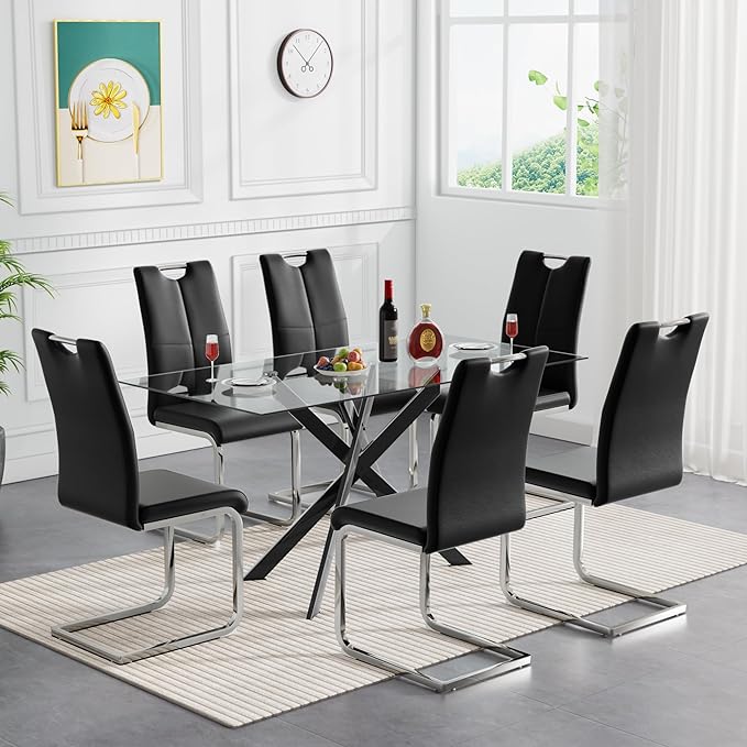 Modern Glass Dining Table Set for 6, Black Glass Kitchen Table and Chairs Set of 6, 7 Piece Dining Room Table Set with 61" Rectangular Metal Glass Dinner Table and 6 Black Leather Dining Chairs